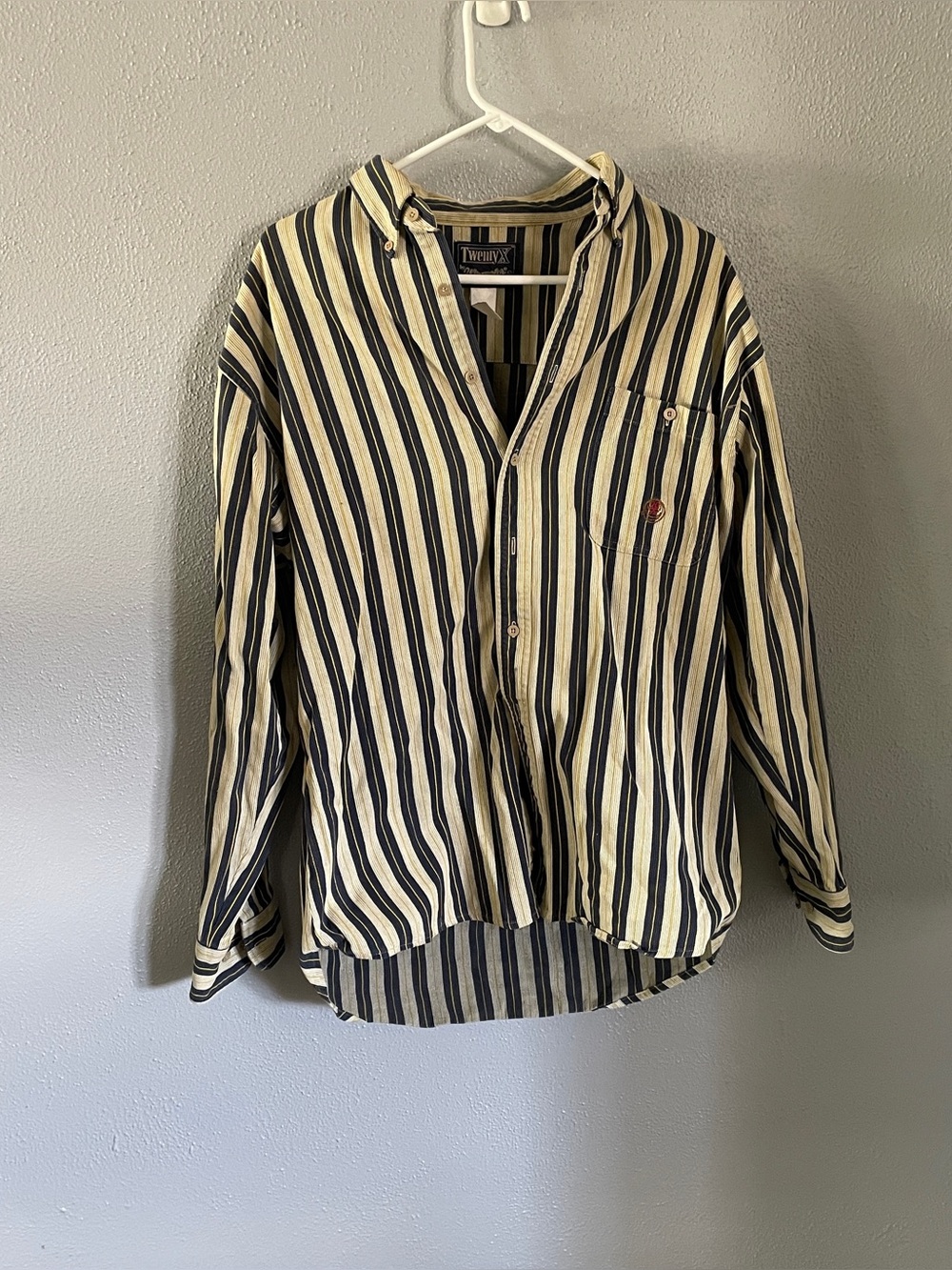 Vintage Wrangler TwentyX Yellow Cream and Navy StripedShirt Men’s Size L/16.5